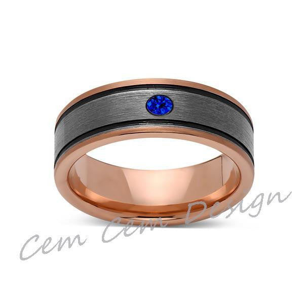 8mm,Blue Sapphire,New,Unique,Rose Brushed,Rose Gold, Black Grooves,Tungsten Ring,Mens Wedding Band,Comfort Fit - LUXURY BANDS LA