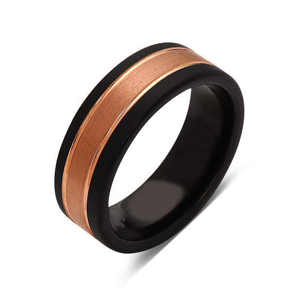 Rose Gold Tungsten Wedding Band - Black Brushed Tungsten Ring - 8mm - Mens Ring - Tungsten Carbide - Engagement Band - Comfort Fit - LUXURY BANDS LA