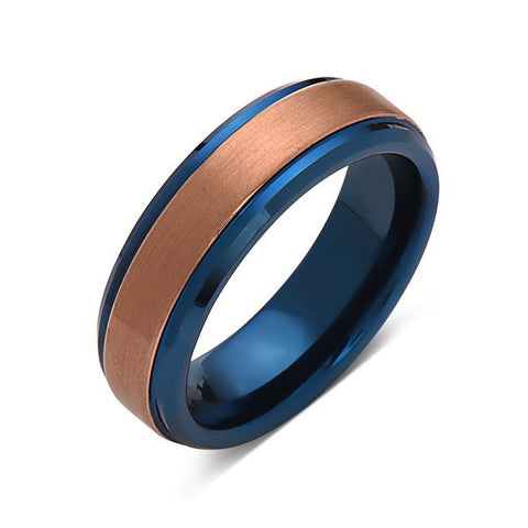 Blue Tungsten Wedding Band - Rose Gold Tungsten Ring - 6mm- Mens Ring - Tungsten Carbide - Engagement Band - Comfort Fit - LUXURY BANDS LA