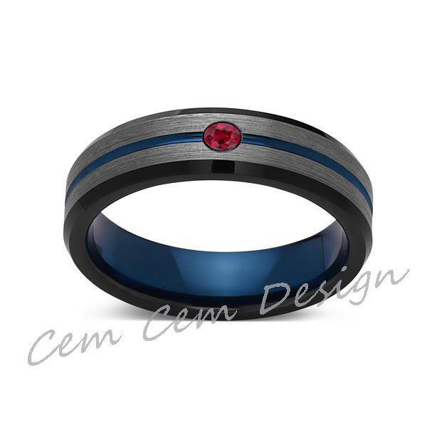 6mm,Red Ruby,Brushed Gun Metal,Gray and Black,Blue Tungsten Ring,Mens Wedding Band,Comfort Fit - LUXURY BANDS LA