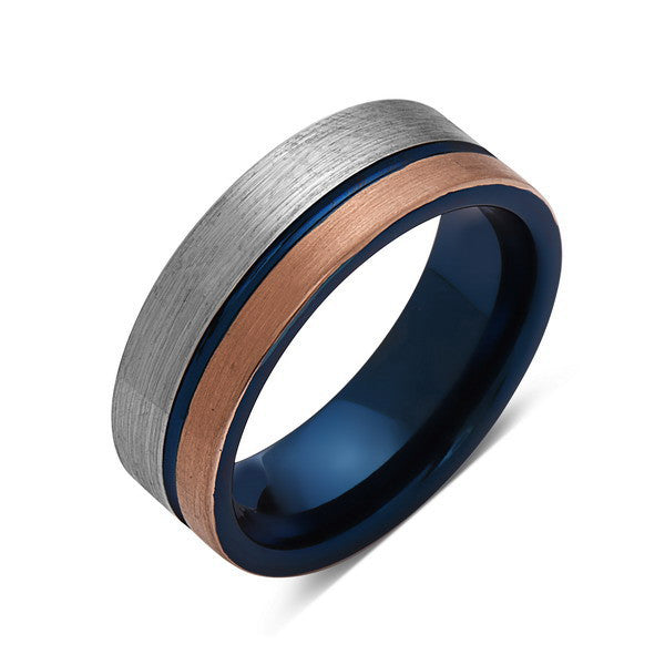 Blue Tungsten Wedding Band - Rose Gold Brushed Tungsten Ring - 8mm - Mens Ring - Brushed Tungsten Carbide - Engagement Band - Comfort Fit - LUXURY BANDS LA