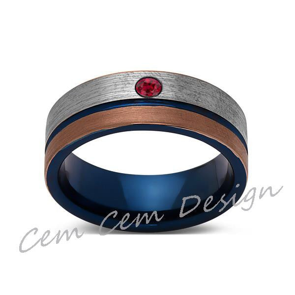 8mm,Red Ruby,Brushed Rose Gold,Gun Metal Gray and Blue,Tungsten Ring,Mens Wedding Band,Blue Mens Ring - LUXURY BANDS LA