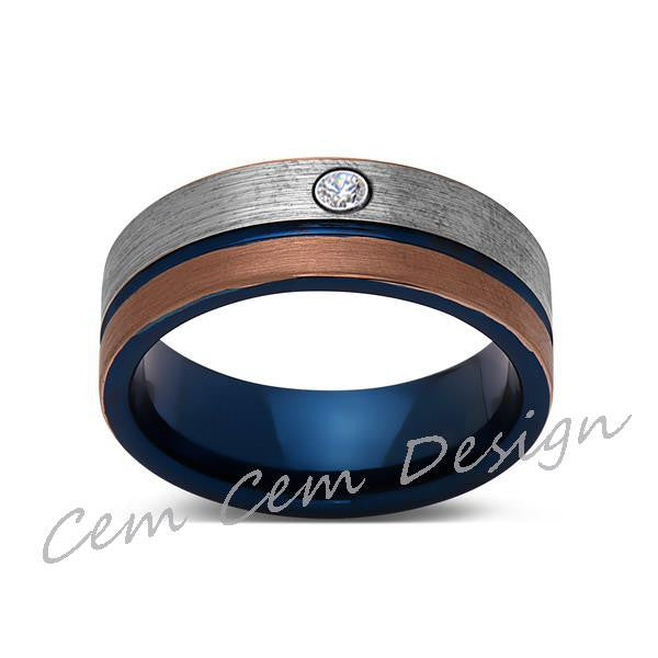 8mm,Diamond,Brushed Rose Gold,Gun Metal Gray and Blue,Tungsten Ring,Mens Wedding Band,Blue Mens Ring - LUXURY BANDS LA