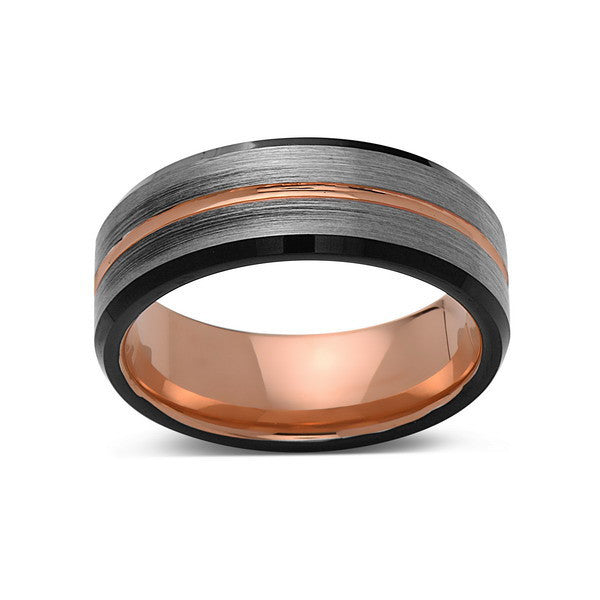 Rose Gold Tungsten Wedding Band - Gray and Black Brushed Tungsten Ring
