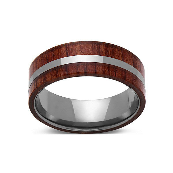 Koa Wood Wedding Ring - Silver Tungsten Band - Hawaiian Koa Wood - 8mm - Mens - Comfort Fit - LUXURY BANDS LA