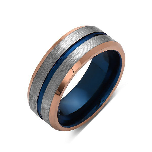 Blue Tungsten Wedding Band - Rose Gold Tungsten Ring - 8mm- Mens Ring - Brushed Tungsten Carbide - Engagement Band - Comfort Fit - LUXURY BANDS LA