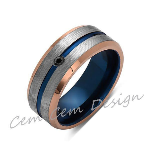 8mm,Black Diamond,Brushed Rose Gold,Gray and Blue,Tungsten Ring,Matching ,Mens Wedding Band,Blue Ring,Comfort Fit - LUXURY BANDS LA