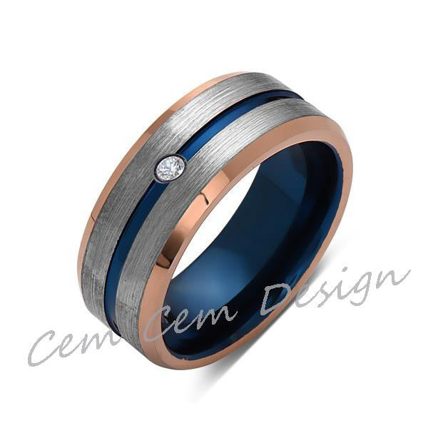 8mm,Diamond,Brushed Rose Gold,Gray and Blue,Tungsten Ring,Matching ,Mens Wedding Band,Blue Ring,Comfort Fit - LUXURY BANDS LA