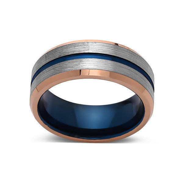 Blue Tungsten Wedding Band - Rose Gold Tungsten Ring - 8mm- Mens Ring - Brushed Tungsten Carbide - Engagement Band - Comfort Fit - LUXURY BANDS LA
