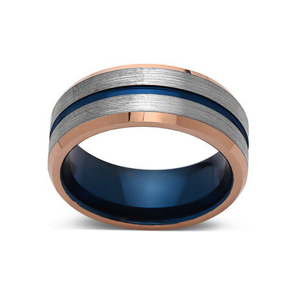 Blue Tungsten Wedding Band - Rose Gold Tungsten Ring - 8mm- Mens Ring - Brushed Tungsten Carbide - Engagement Band - Comfort Fit - LUXURY BANDS LA
