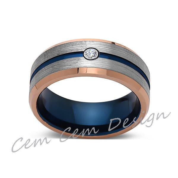 8mm,Diamond,Brushed Rose Gold,Gray and Blue,Tungsten Ring,Matching ,Mens Wedding Band,Blue Ring,Comfort Fit - LUXURY BANDS LA