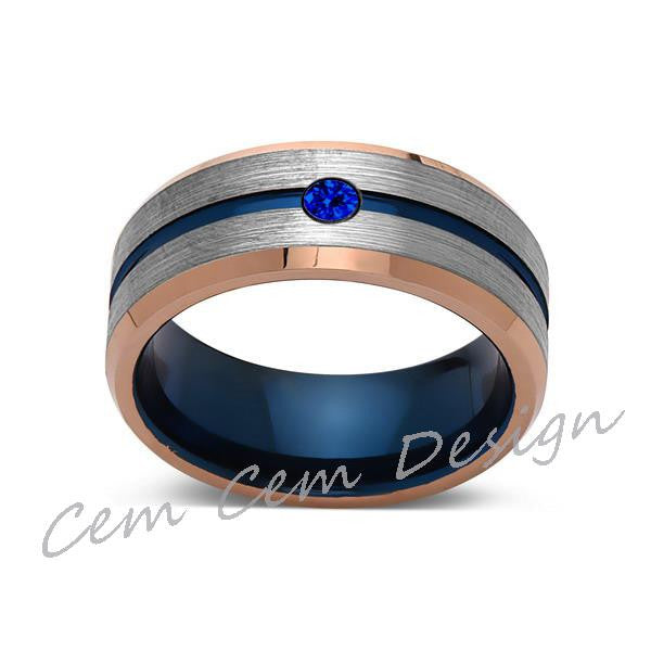 8mm,Blue Sapphire,Brushed Rose Gold,Gray and Blue,Tungsten Ring,Matching ,Mens Wedding Band,Blue Ring,Comfort Fit - LUXURY BANDS LA