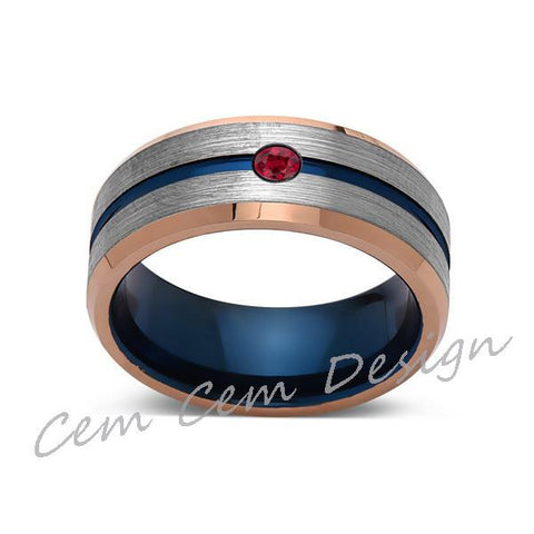 8mm,Red Ruby,Brushed Rose Gold,Gray and Blue,Tungsten Ring,Matching ,Mens Wedding Band,Blue Ring,Comfort Fit - LUXURY BANDS LA