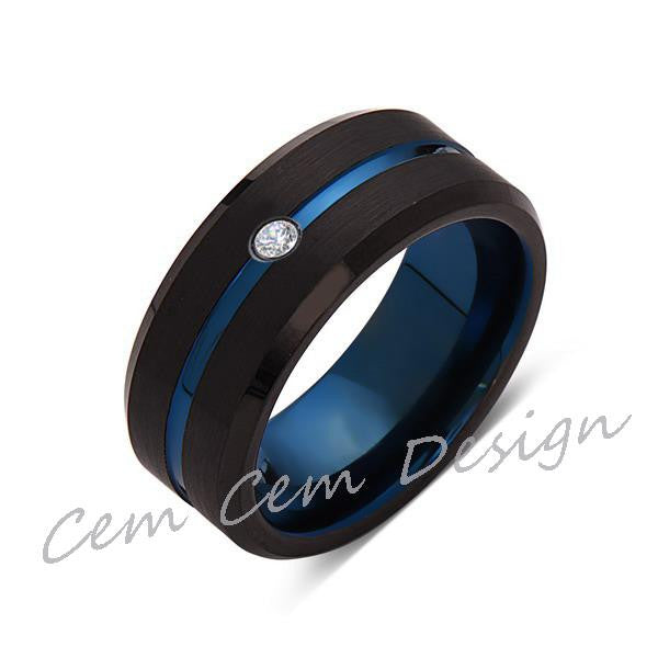 8mm,New,Diamond,Black Brushed, Blue Groove,Tungsten Ring,Mens Wedding Band,Blue Ring,Comfort Fit - LUXURY BANDS LA