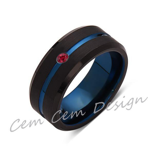8mm,New,Red Ruby,Black Brushed, Blue Groove,Tungsten Ring,Mens Wedding Band,Blue Ring,Comfort Fit - LUXURY BANDS LA