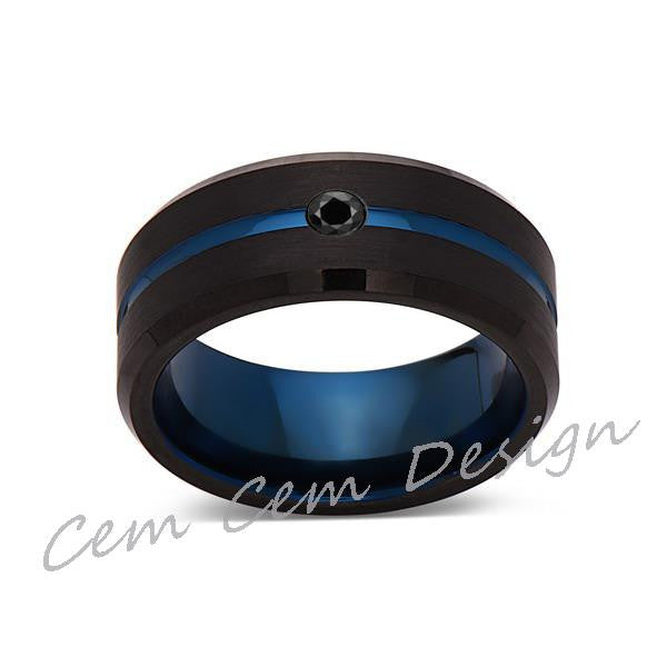 8mm,New,Black Diamond,Black Brushed, Blue Groove,Tungsten Ring,Mens Wedding Band,Blue Ring,Comfort Fit - LUXURY BANDS LA