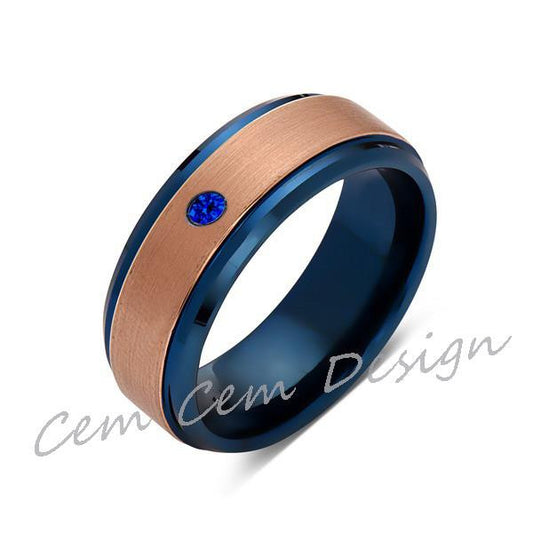 8mm,Blue Sapphire,Brushed Rose Gold and Blue,Tungsten Ring,Mens Wedding Band,Blue Mens Ring,Comfort Fit - LUXURY BANDS LA