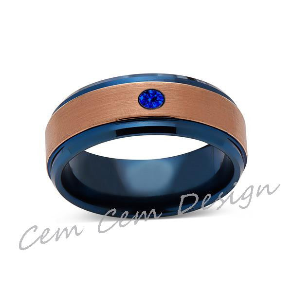 8mm,Blue Sapphire,Brushed Rose Gold and Blue,Tungsten Ring,Mens Wedding Band,Blue Mens Ring,Comfort Fit - LUXURY BANDS LA