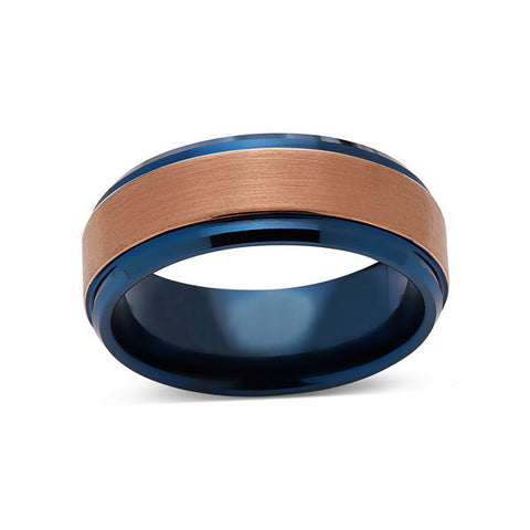 Blue Tungsten Wedding Band - Rose Gold Brushed Tungsten Ring - 8mm- Mens Ring - Tungsten Carbide - Engagement Band - Comfort Fit - LUXURY BANDS LA