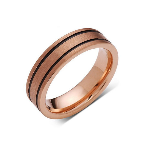 Rose Gold Tungsten Wedding Band - Black Grooves - Pipe Cut - Brushed Rose Gold Tungsten Ring - 6mm - Mens Ring - Tungsten Carbide - Comfort Fit - LUXURY BANDS LA