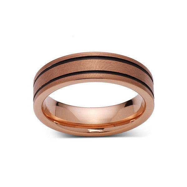 Rose Gold Tungsten Wedding Band - Black Grooves - Pipe Cut - Brushed Rose Gold Tungsten Ring - 6mm - Mens Ring - Tungsten Carbide - Comfort Fit - LUXURY BANDS LA
