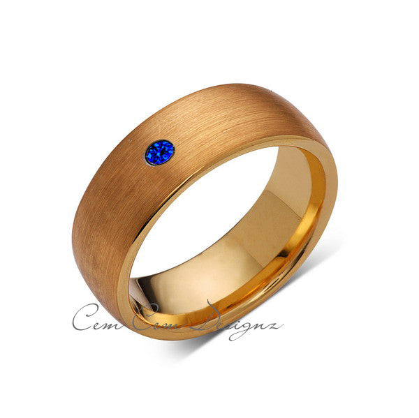 8mm,Mens,Blue Sapphire,Brushed,Yellow Gold,Tungsten Ring,Yellow Gold,Wedding Band,Comfort Fit - LUXURY BANDS LA