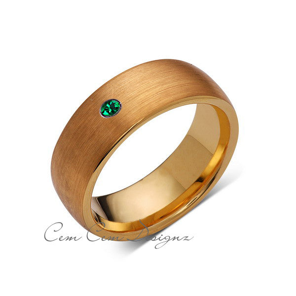 8mm,Mens,Green Emerald,Brushed,Yellow Gold,Tungsten Ring,Yellow Gold,Birthstone,Wedding Band,Comfort Fit - LUXURY BANDS LA