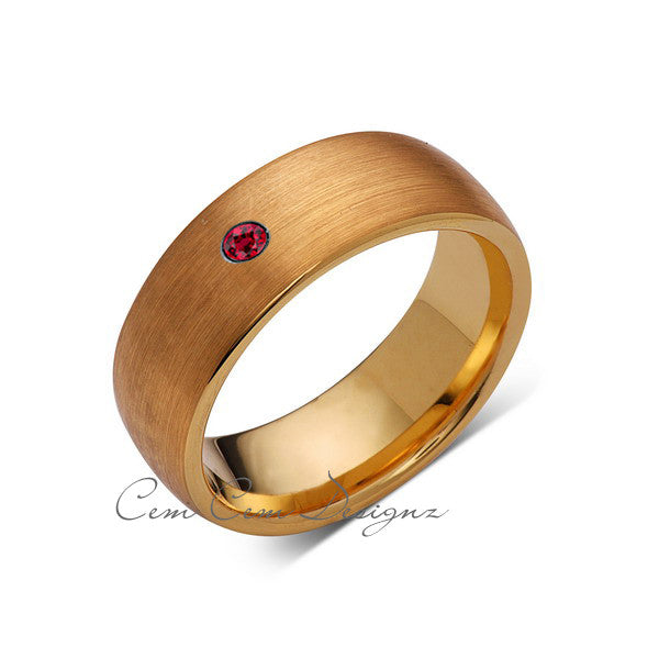 8mm,Mens,Red Ruby,Brushed,Yellow Gold,Tungsten Ring,Yellow Gold,Birthstone,Wedding Band,Comfort Fit - LUXURY BANDS LA