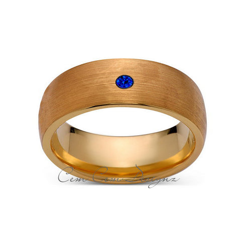 8mm,Mens,Blue Sapphire,Brushed,Yellow Gold,Tungsten Ring,Yellow Gold,Wedding Band,Comfort Fit - LUXURY BANDS LA