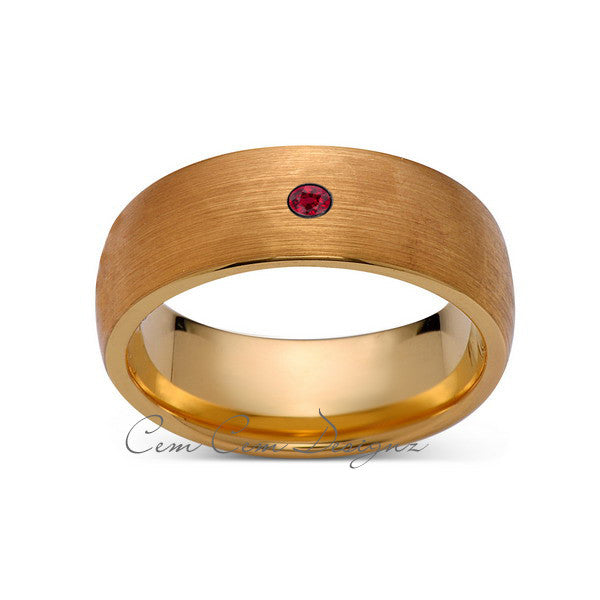 8mm,Mens,Red Ruby,Brushed,Yellow Gold,Tungsten Ring,Yellow Gold,Birthstone,Wedding Band,Comfort Fit - LUXURY BANDS LA