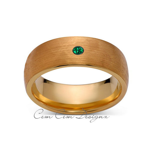 8mm,Mens,Green Emerald,Brushed,Yellow Gold,Tungsten Ring,Yellow Gold,Birthstone,Wedding Band,Comfort Fit - LUXURY BANDS LA