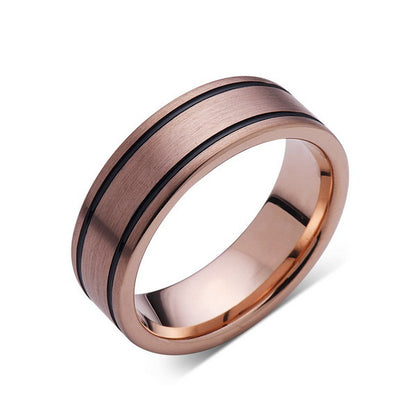 Rose Gold Tungsten Wedding Band - Black Grooves - Pipe Cut - Brushed Rose Gold Tungsten Ring - 8mm - Mens Ring - Tungsten Carbide - Comfort Fit - LUXURY BANDS LA