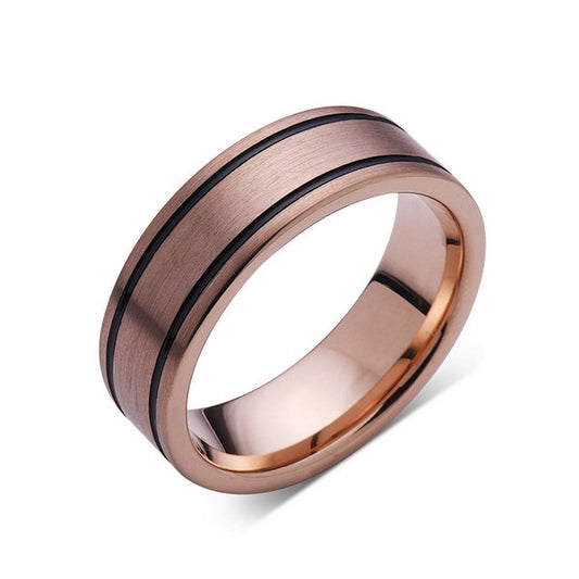 Rose Gold Tungsten Wedding Band - Black Grooves - Pipe Cut - Brushed Rose Gold Tungsten Ring - 8mm - Mens Ring - Tungsten Carbide - Comfort Fit - LUXURY BANDS LA