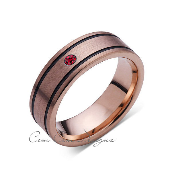 8mm,New,Red Ruby,Rose Brushed,Rose Gold,Black Grooves,Tungsten Ring,Mens Wedding Band,Comfort Fit - LUXURY BANDS LA