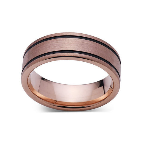 Rose Gold Tungsten Wedding Band - Black Grooves - Pipe Cut - Brushed Rose Gold Tungsten Ring - 8mm - Mens Ring - Tungsten Carbide - Comfort Fit - LUXURY BANDS LA