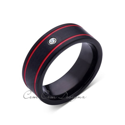 8mm,Mens Diamond Ring,Black Brushed, Red Grooves,Tungsten Ring,,Wedding Band,Red,Comfort Fit - LUXURY BANDS LA