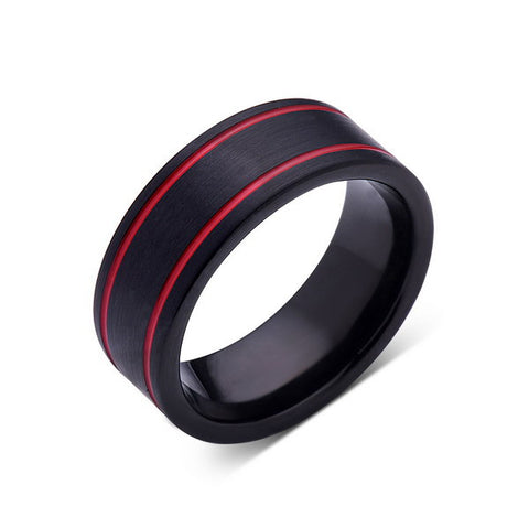 Black Brushed Tungsten Ring - Red Tungsten Wedding Band - 8mm - Mens Ring - LUXURY BANDS LA