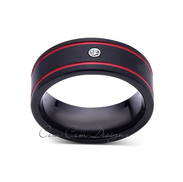 8mm,Mens Diamond Ring,Black Brushed, Red Grooves,Tungsten Ring,,Wedding Band,Red,Comfort Fit - LUXURY BANDS LA