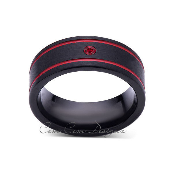 8mm,Mens Red Ruby,Birthstone Ring,Black Brushed, Red Grooves,Tungsten Ring,,Wedding Band,Red,Comfort Fit - LUXURY BANDS LA