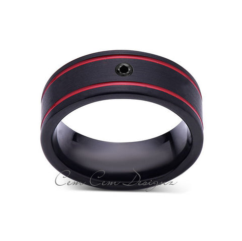 8mm,Mens Black Diamond Ring,Black Brushed, Red Grooves,Tungsten Ring,,Wedding Band,Red,Comfort Fit - LUXURY BANDS LA