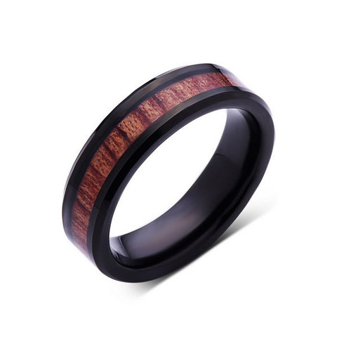Koa Wood Wedding Ring - Black Tungsten Band - Hawaiian Koa Wood - 6mm - Mens - Comfort Fit - LUXURY BANDS LA