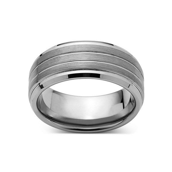 Gray Brushed Tungsten Ring - Pipe Cut - Setpped - Gunmetal - 8mm - Engagement Band - LUXURY BANDS LA