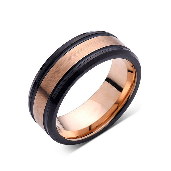 Rose Gold Tungsten Wedding Band - Brushed Ring - Black Wedding Band - 8mm Ring - Unique Engagment Band - Comfort Fit - LUXURY BANDS LA