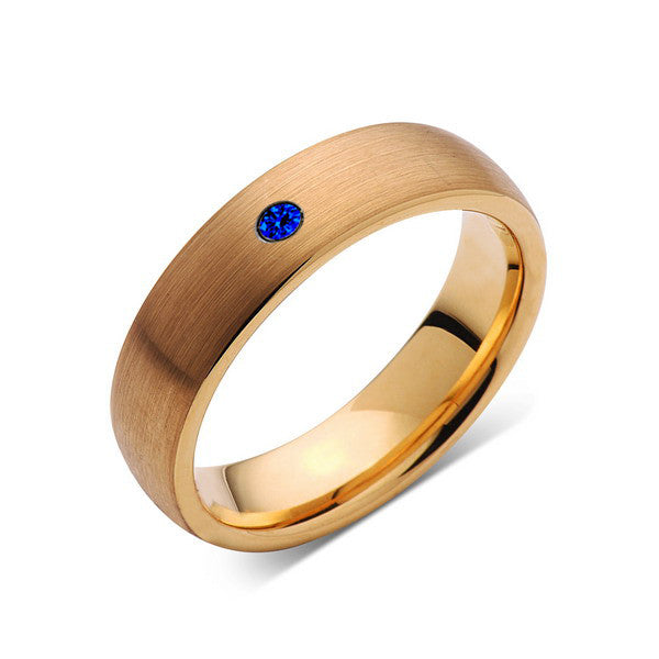 6mm,Mens,Blue Sapphire,Brushed,Yellow Gold,Tungsten Ring,Yellow Gold,Wedding Band,Comfort Fit - LUXURY BANDS LA