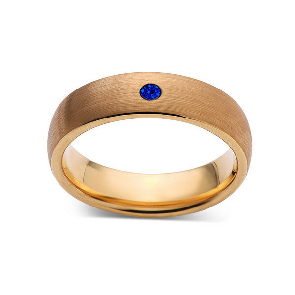 6mm,Mens,Blue Sapphire,Brushed,Yellow Gold,Tungsten Ring,Yellow Gold,Wedding Band,Comfort Fit - LUXURY BANDS LA