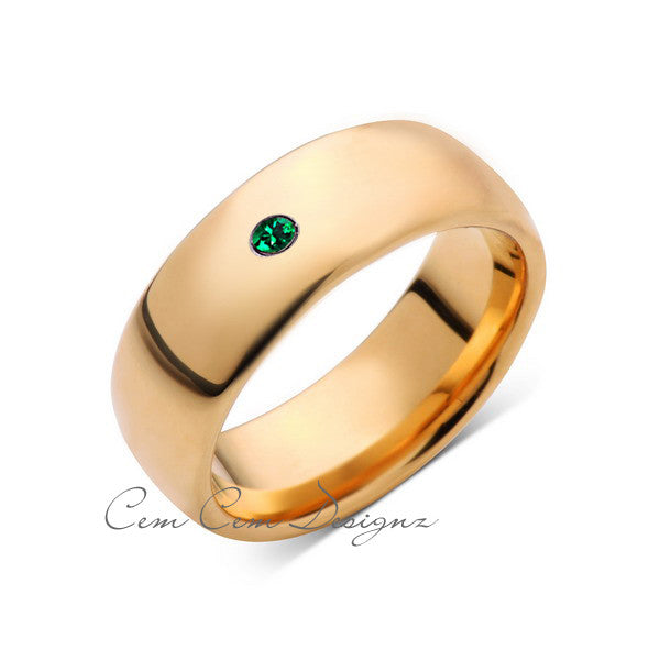 8mm,Mens,Green Emerald,Yellow Gold,Tungsten Ring,Yellow Gold,Birthstone,Wedding Band,Comfort Fit - LUXURY BANDS LA