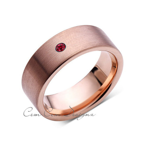 8mm,Mens,Red Ruby,Brushed,Rose Gold,Tungsten Ring,Pipe Cut,Birthstone,Wedding Band,Comfort Fit - LUXURY BANDS LA