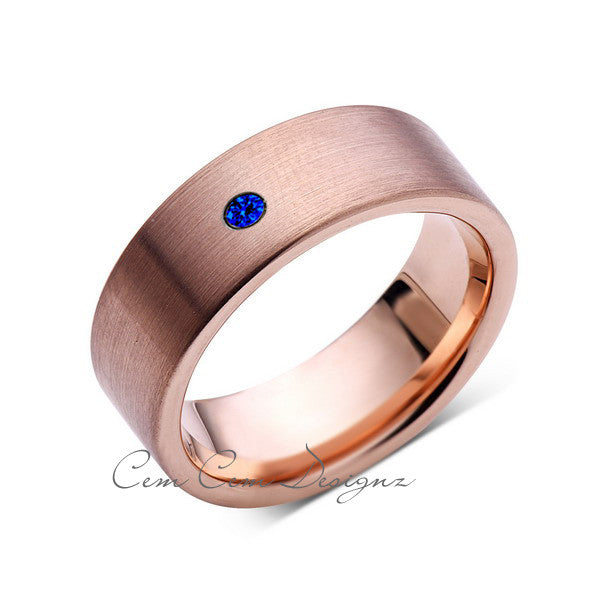 8mm,Mens,Blue Sapphire,Brushed,Rose Gold,Tungsten Ring,Pipe Cut,Wedding Band,Comfort Fit - LUXURY BANDS LA