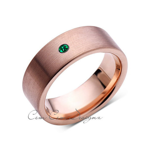 8mm,Mens,Green Emerald,Brushed,Rose Gold,Tungsten Ring,Pipe Cut,Birthstone,Wedding Band,Comfort Fit - LUXURY BANDS LA