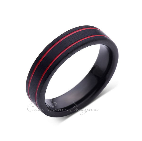 6mm,New,Unique,Black Brushed, Red Grooves,Tungsten Ring,,Wedding Band,Red Ring,Comfort Fit - LUXURY BANDS LA